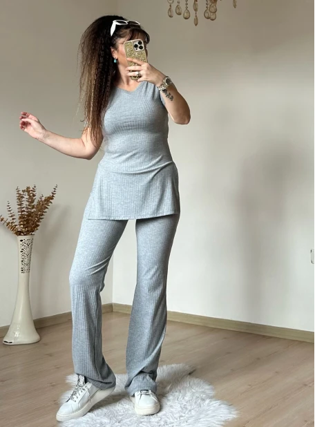 Kısa Kol Yan Yırtmaçlı Kaskorse Takım Gri