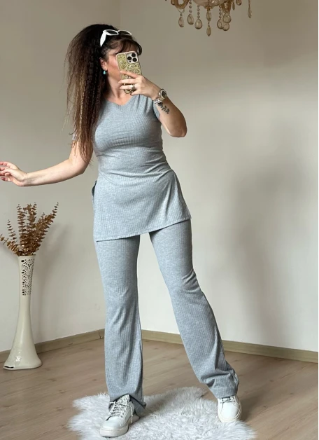 Kısa Kol Yan Yırtmaçlı Kaskorse Takım Gri