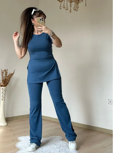 Kısa Kol Yan Yırtmaçlı Kaskorse Takım Mavi