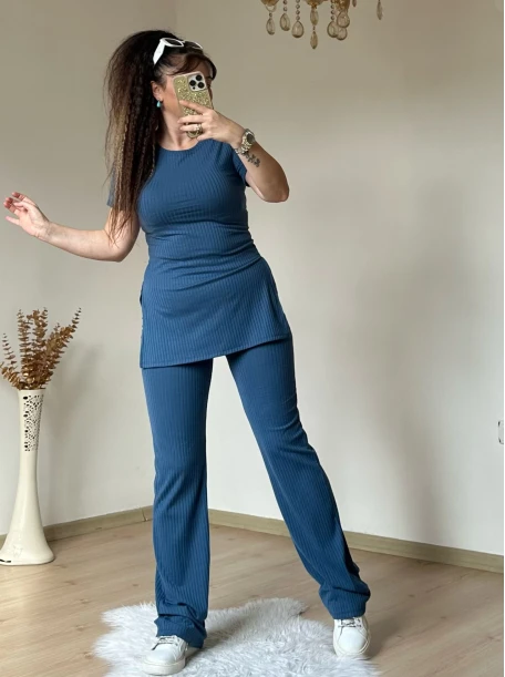 Kısa Kol Yan Yırtmaçlı Kaskorse Takım Mavi