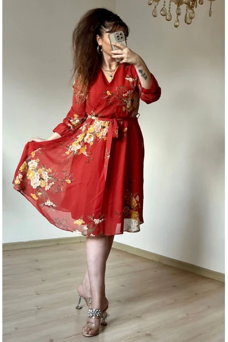 Kısa Sarı çiçekli Şifon Elbise -KİREMİT