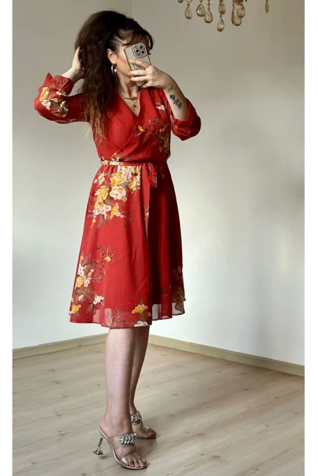 Kısa Sarı çiçekli Şifon Elbise -KİREMİT