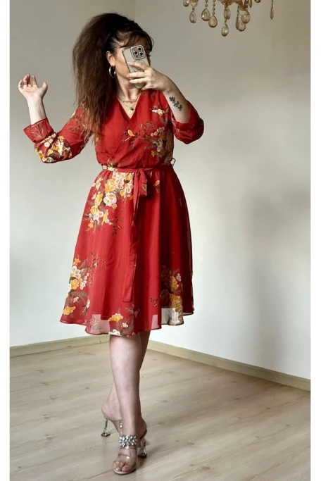 Kısa Sarı çiçekli Şifon Elbise -KİREMİT