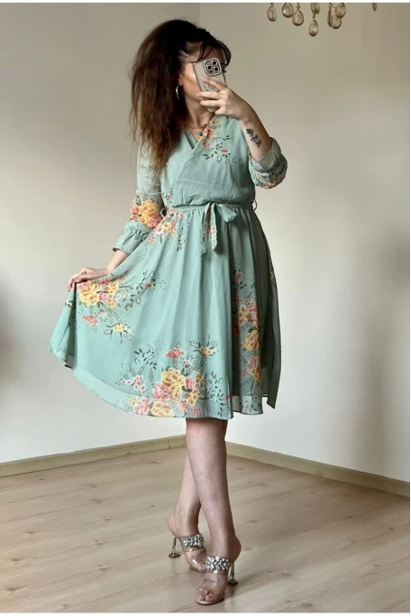 Kısa Sarı çiçekli Şifon Elbise -SU YEŞİLİ