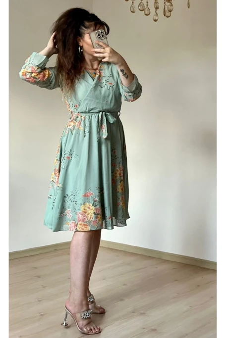 Kısa Sarı çiçekli Şifon Elbise -SU YEŞİLİ