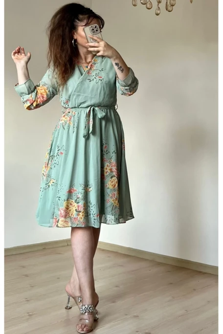 Kısa Sarı çiçekli Şifon Elbise -SU YEŞİLİ