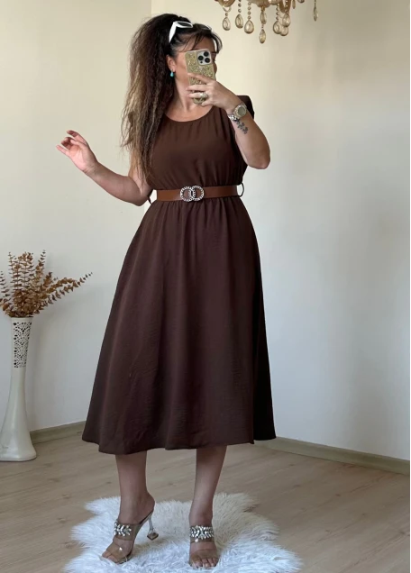 Kol Detaylı Mıdı Boy Kemerli Elbise Kahve