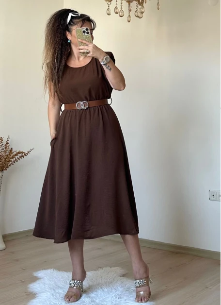 Kol Detaylı Mıdı Boy Kemerli Elbise Kahve