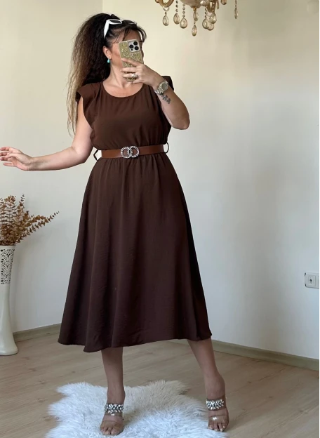 Kol Detaylı Mıdı Boy Kemerli Elbise Kahve