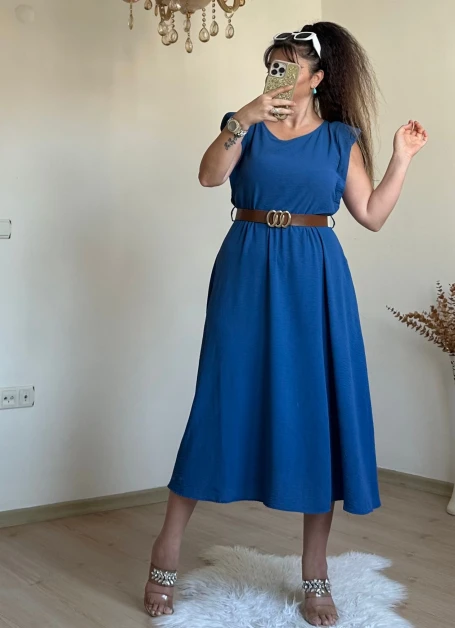 Kol Detaylı Mıdı Boy Kemerli Elbise Mavi