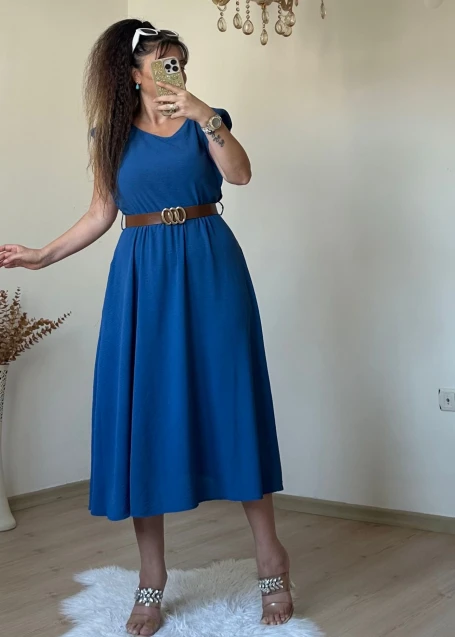 Kol Detaylı Mıdı Boy Kemerli Elbise Mavi