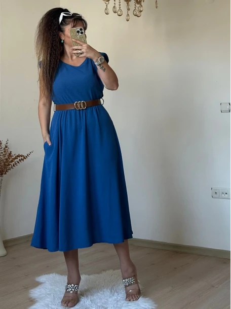 Kol Detaylı Mıdı Boy Kemerli Elbise Mavi