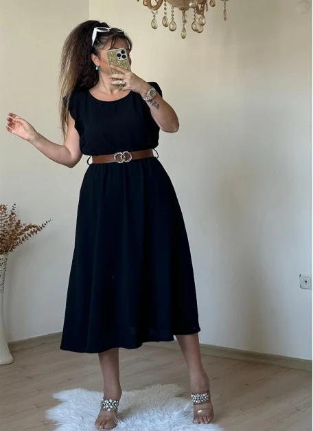 Kol Detaylı Mıdı Boy Kemerli Elbise Siyah