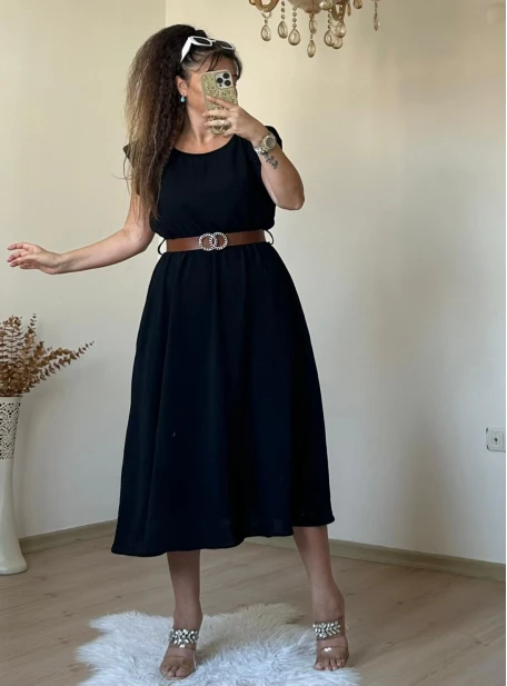 Kol Detaylı Mıdı Boy Kemerli Elbise Siyah