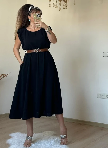 Kol Detaylı Mıdı Boy Kemerli Elbise Siyah