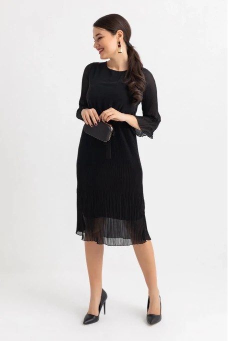 Kol Ve Eteği Pileli Şifon Elbise