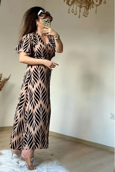 Kol Volanlı Kahve Desen Elbise