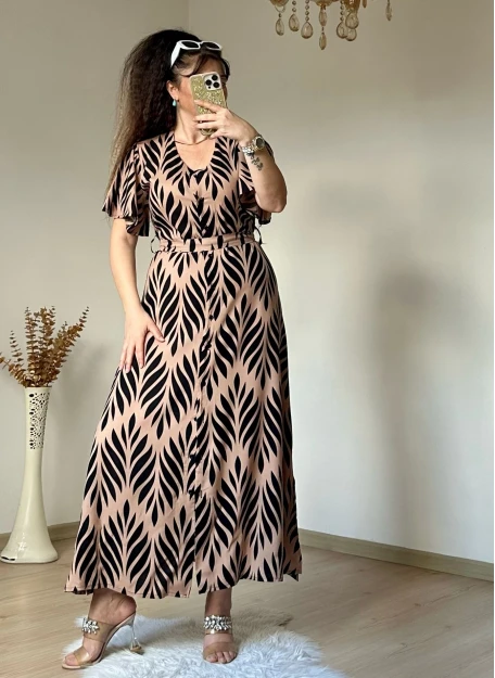 Kol Volanlı Kahve Desen Elbise