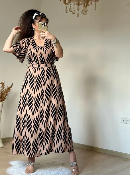 Kol Volanlı Kahve Desen Elbise