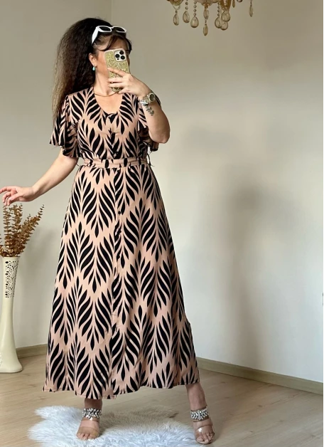 Kol Volanlı Kahve Desen Elbise