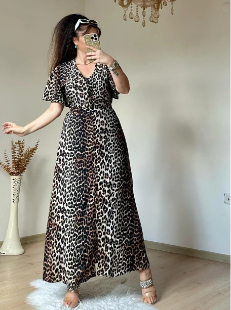 Kol Volanlı Leopar Elbise
