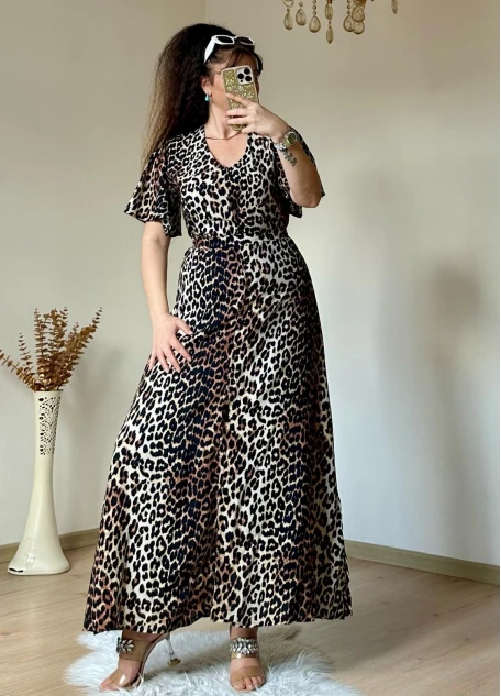 Kol Volanlı Leopar Elbise