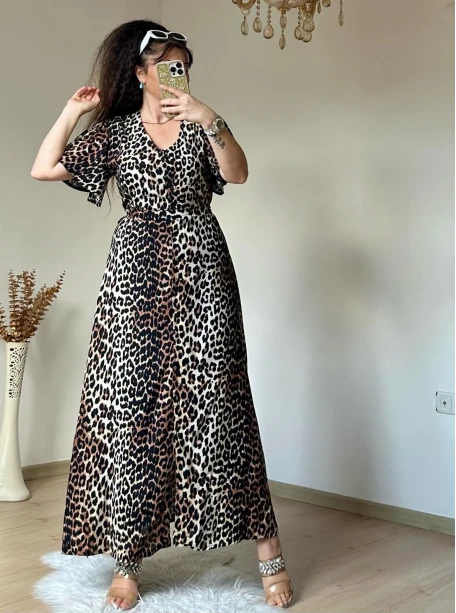 Kol Volanlı Leopar Elbise