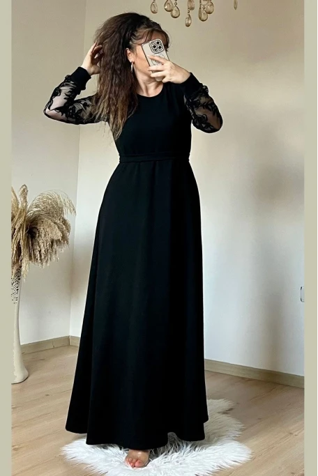 Kolları Tül Çiçek Uzun Triko Elbıse