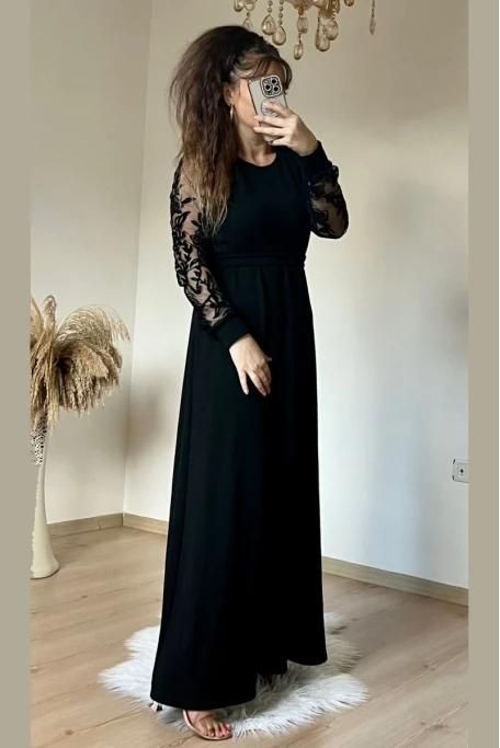 Kolları Tül Çiçek Uzun Triko Elbıse