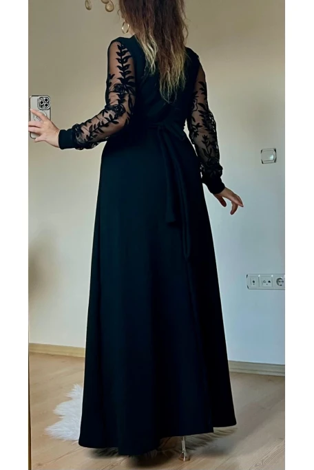 Kolları Tül Çiçek Uzun Triko Elbıse