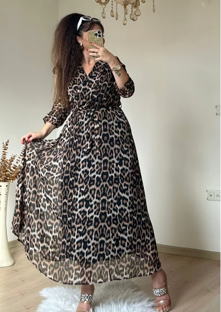 Koyu Renk Uzun Leopar Desen Şifon Elbise