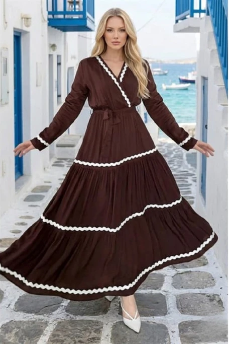 Kruvaze Yaka Kat Kat Uzun Elbise Kahve