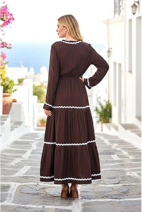 Kruvaze Yaka Kat Kat Uzun Elbise Kahve