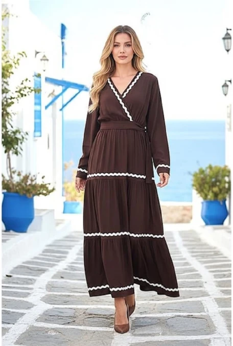 Kruvaze Yaka Kat Kat Uzun Elbise Kahve