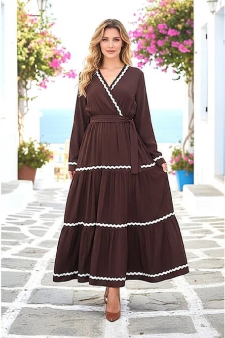 Kruvaze Yaka Kat Kat Uzun Elbise Kahve