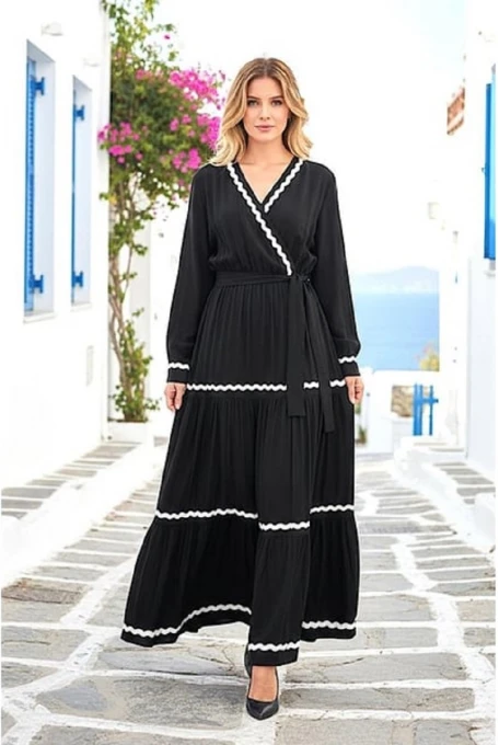 Kruvaze Yaka Kat Kat Uzun Elbise Siyah