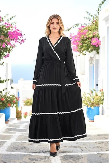 Kruvaze Yaka Kat Kat Uzun Elbise Siyah