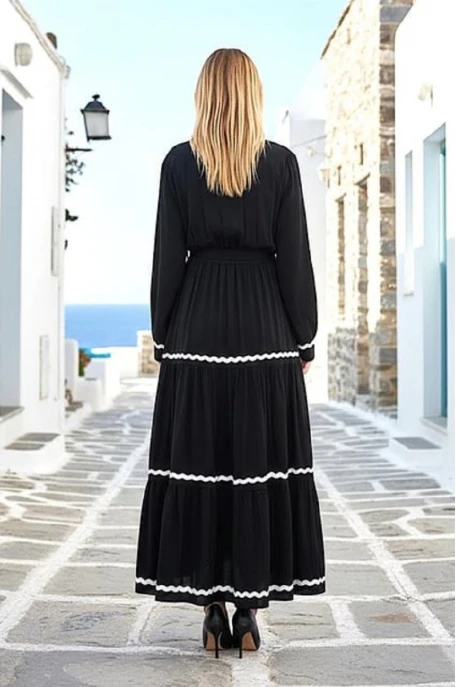 Kruvaze Yaka Kat Kat Uzun Elbise Siyah