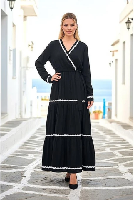 Kruvaze Yaka Kat Kat Uzun Elbise Siyah