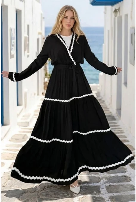 Kruvaze Yaka Kat Kat Uzun Elbise Siyah