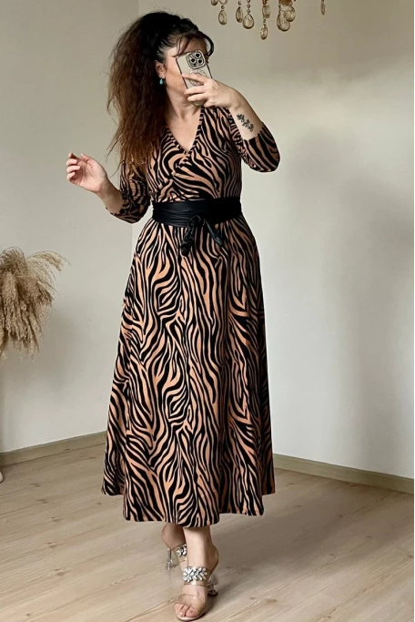 Kruvaze Yaka Uzun Kol Kahve Zebra Süet Elbise