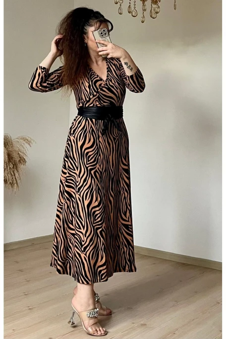 Kruvaze Yaka Uzun Kol Kahve Zebra Süet Elbise