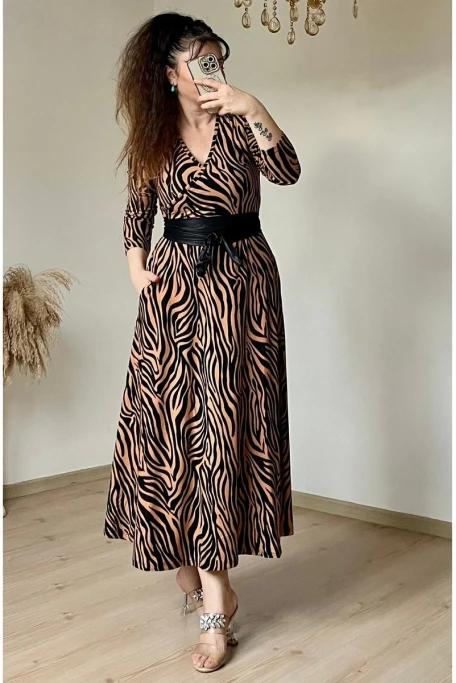 Kruvaze Yaka Uzun Kol Kahve Zebra Süet Elbise