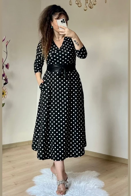 Kruvaze Yaka Uzun Kol Puanlı Krep Elbise