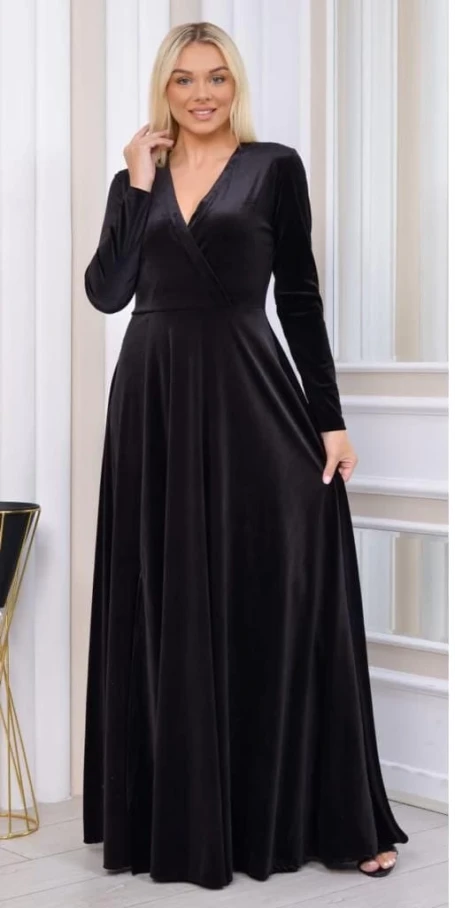 Kruvaze Yaka Yan Yırtmaclı Kadife Elbise Siyah