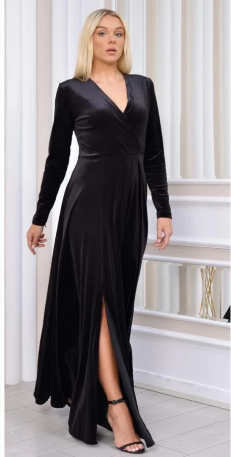 Kruvaze Yaka Yan Yırtmaclı Kadife Elbise Siyah