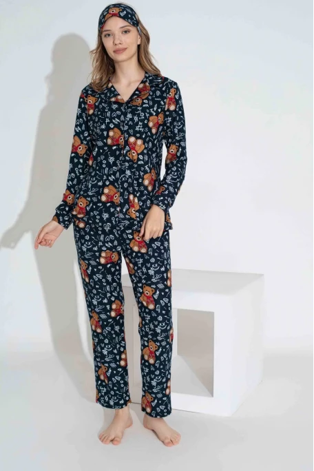 Lacivert Ayıcık Desen Anne Pijama Takımı