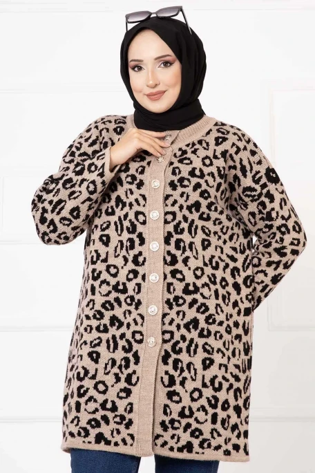 Leopar Desenli Düğmeli Hırka Vizon
