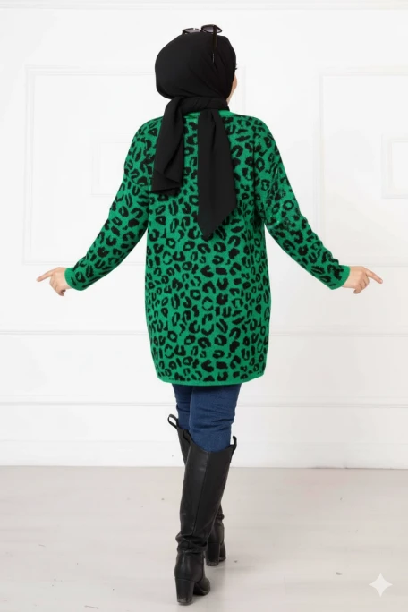 Leopar Desenli Düğmeli Hırka Yeşil