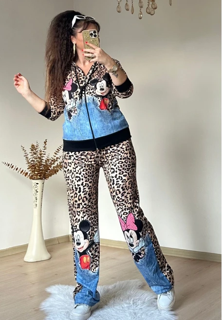 Leopar Karakter Baskılı Kot Detaylı Takım